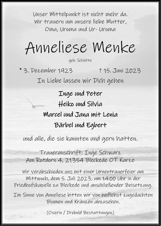 Anzeige von Anneliese Menke von LZ