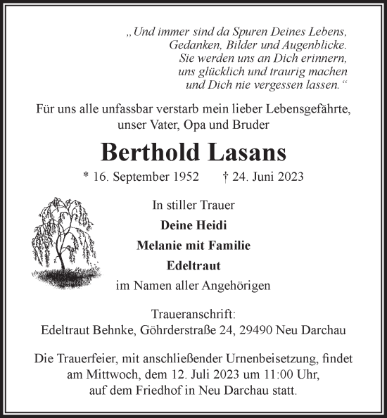 Anzeige von Berthold Lasans von LZ
