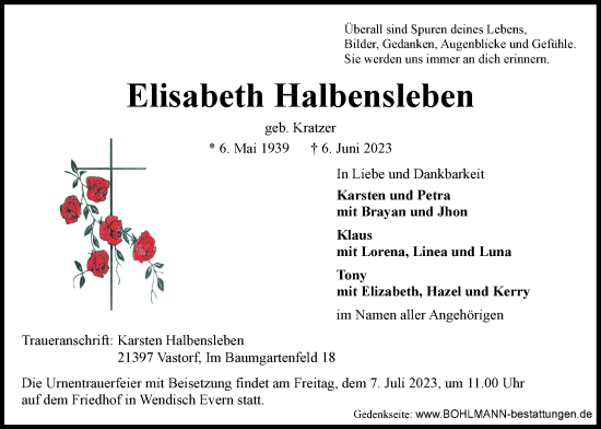 Anzeige von Elisabeth Halbensleben von LZ