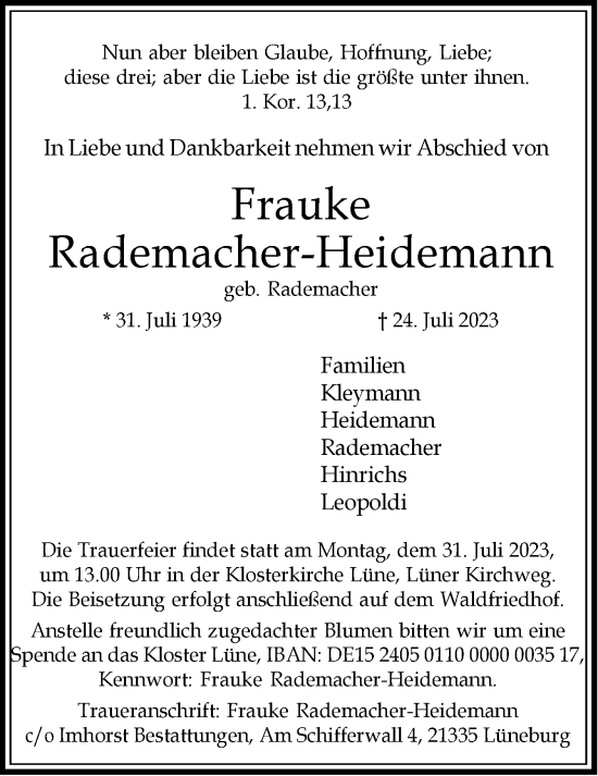 Anzeige von Frauke Rademacher-Heidemann von LZ
