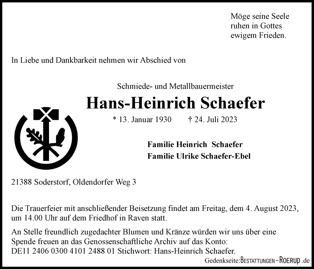  Traueranzeige für Hans-Heinrich Schaefer vom 29.07.2023 aus LZ