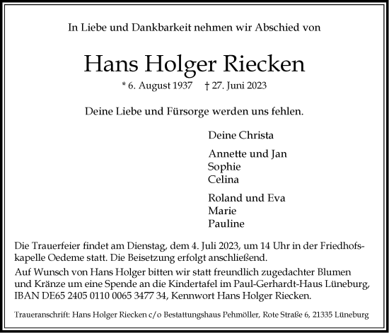 Anzeige von Hans Holger Riecken von LZ