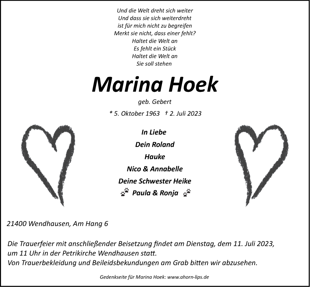  Traueranzeige für Marina Hoek vom 08.07.2023 aus LZ