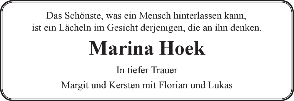  Traueranzeige für Marina Hoek vom 08.07.2023 aus LZ