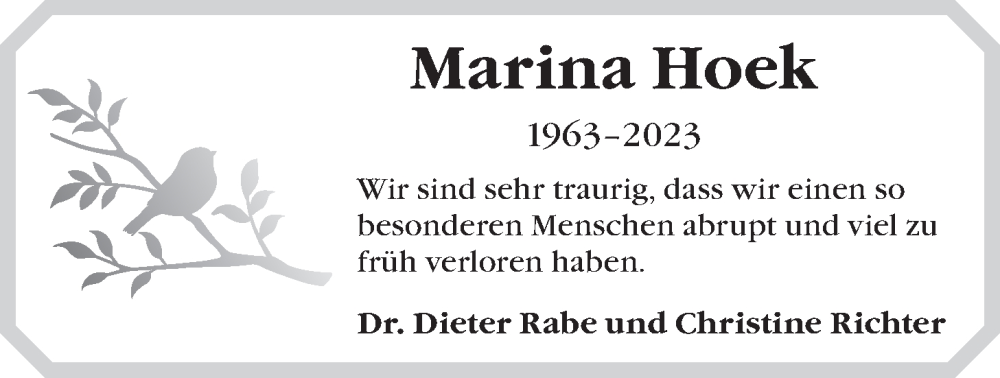  Traueranzeige für Marina Hoek vom 08.07.2023 aus LZ