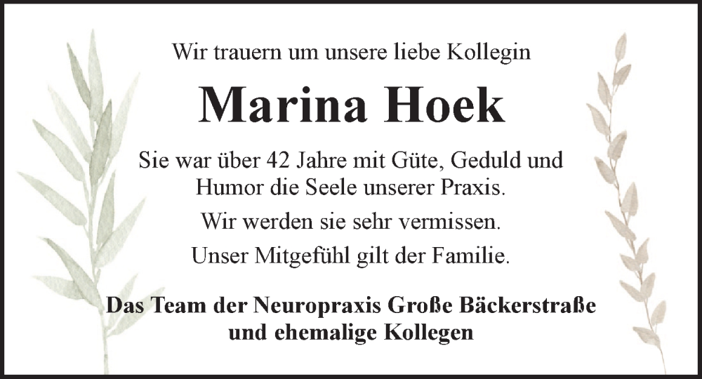  Traueranzeige für Marina Hoek vom 08.07.2023 aus LZ