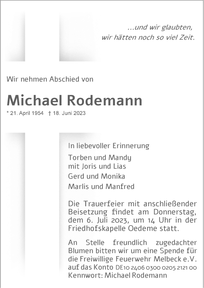  Traueranzeige für Michael Rodemann vom 01.07.2023 aus LZ
