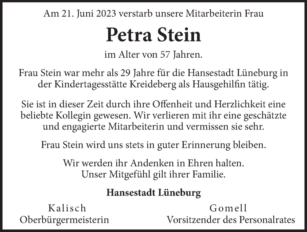  Traueranzeige für Petra Stein vom 07.07.2023 aus LZ