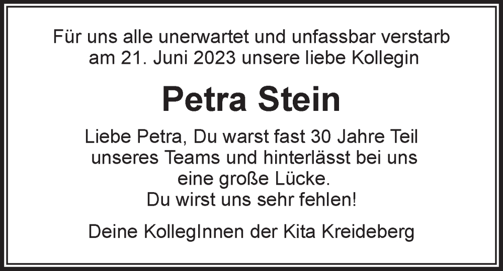  Traueranzeige für Petra Stein vom 07.07.2023 aus LZ