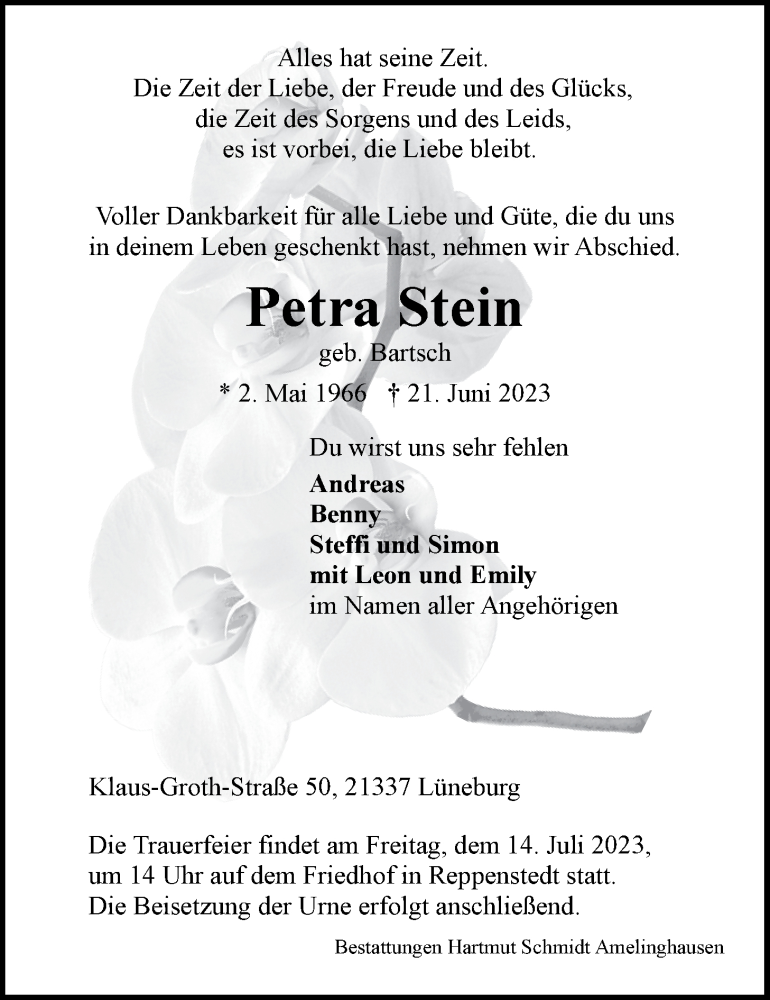  Traueranzeige für Petra Stein vom 07.07.2023 aus LZ