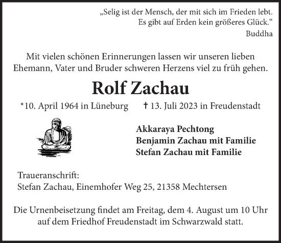 Anzeige von Rolf Zachau von LZ