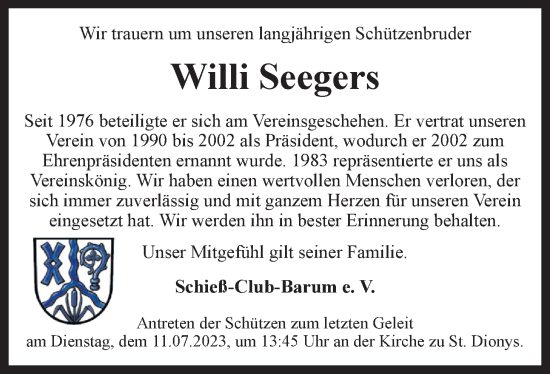 Anzeige von Willi Seegers von LZ