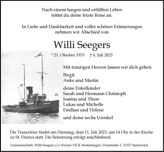 Anzeige von Willi Seegers von LZ