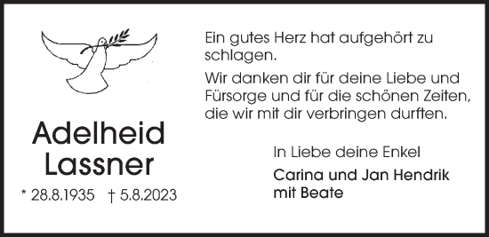 Anzeige von Adelheid Lassner von LZ