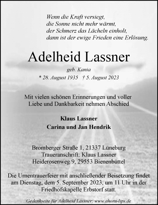 Anzeige von Adelheid Lassner von LZ