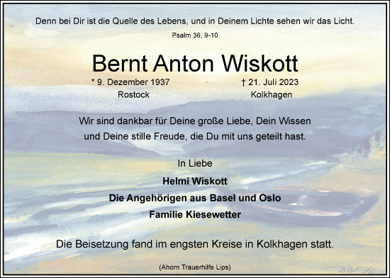 Anzeige von Bernt Anton Wiskott von LZ