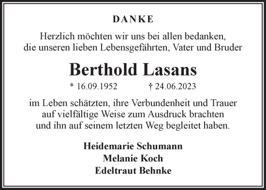 Anzeige von Berthold Lasans von LZ