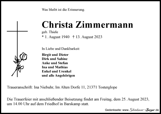 Anzeige von Christa Zimmermann von LZ