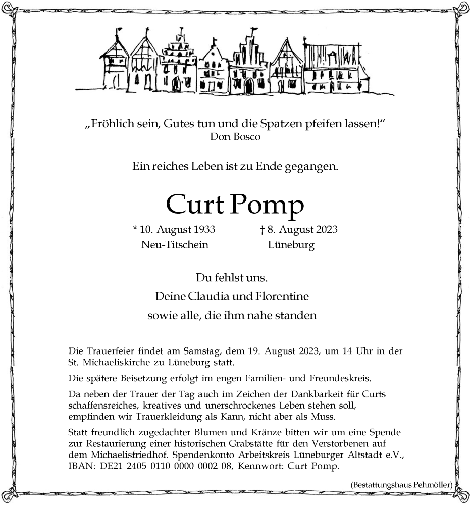  Traueranzeige für Curt Pomp vom 12.08.2023 aus LZ
