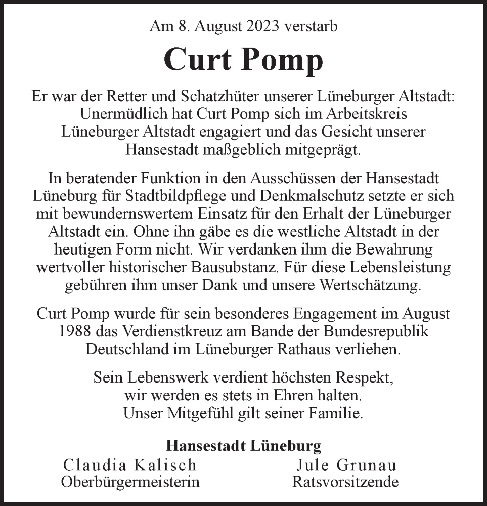  Traueranzeige für Curt Pomp vom 12.08.2023 aus LZ