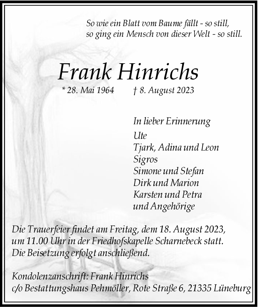  Traueranzeige für Frank Hinrichs vom 15.08.2023 aus LZ