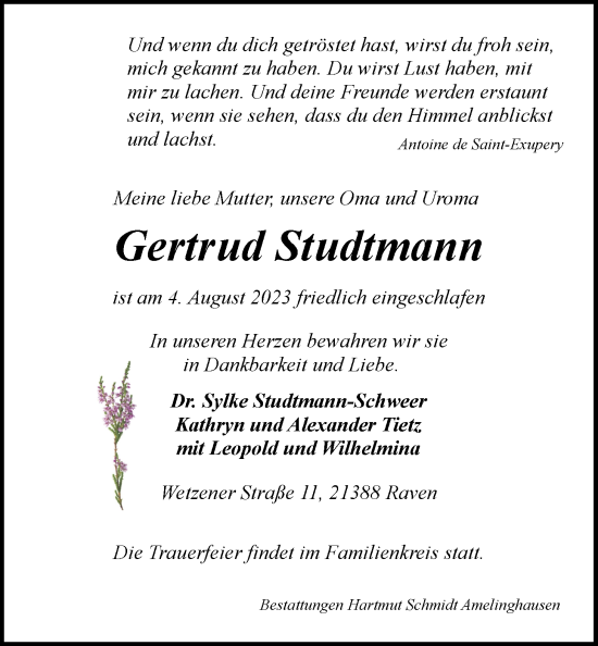Anzeige von Gertrud Studtmann von LZ