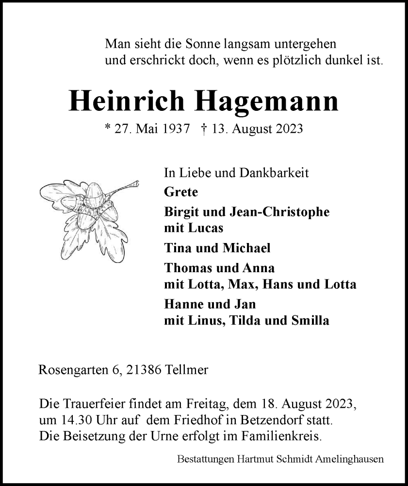 Traueranzeigen von Heinrich Hagemann TrauerLüneburg.de