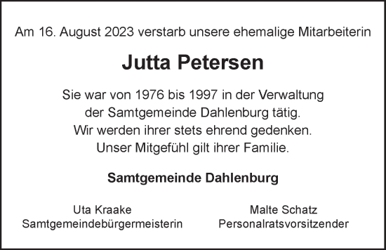 Anzeige von Jutta Petersen von LZ
