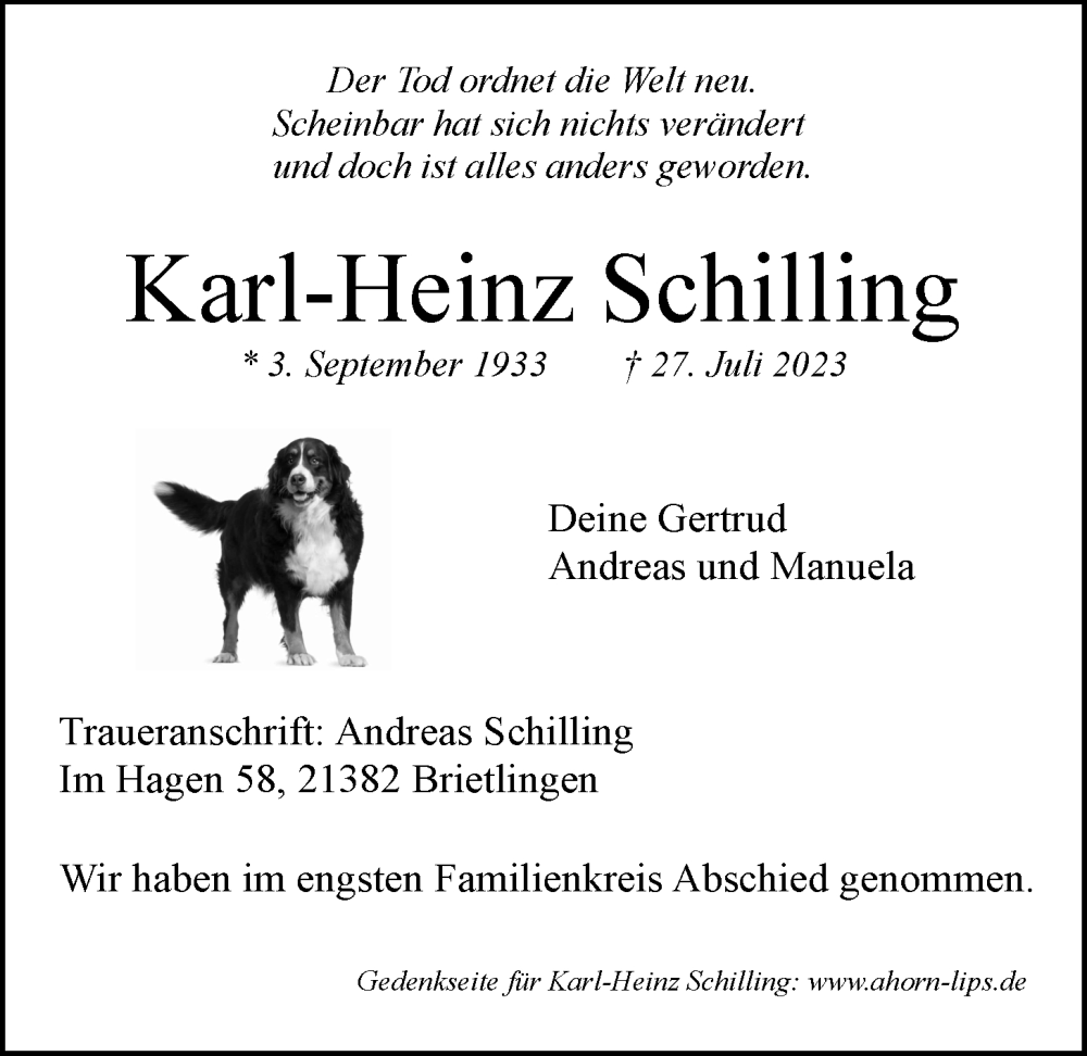  Traueranzeige für Karl-Heinz Schilling vom 16.08.2023 aus LZ