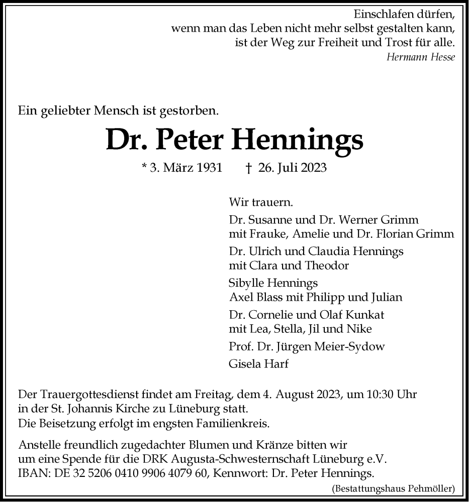  Traueranzeige für Peter Hennings vom 01.08.2023 aus LZ