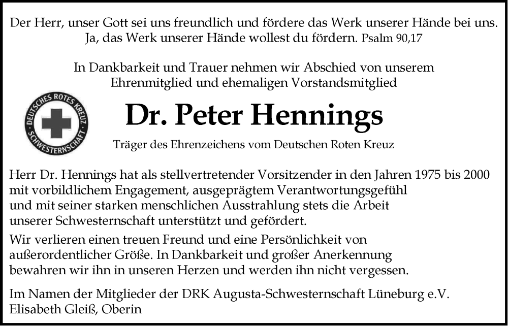  Traueranzeige für Peter Hennings vom 01.08.2023 aus LZ