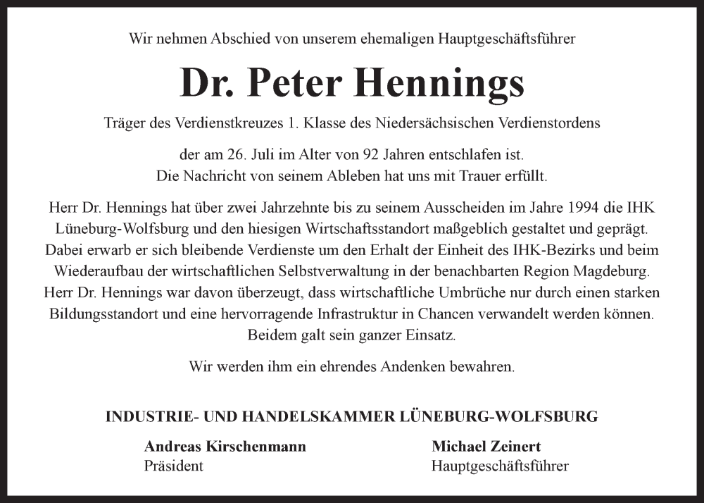  Traueranzeige für Peter Hennings vom 02.08.2023 aus LZ