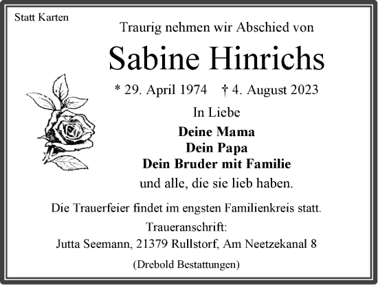 Anzeige von Sabine Hinrichs von LZ