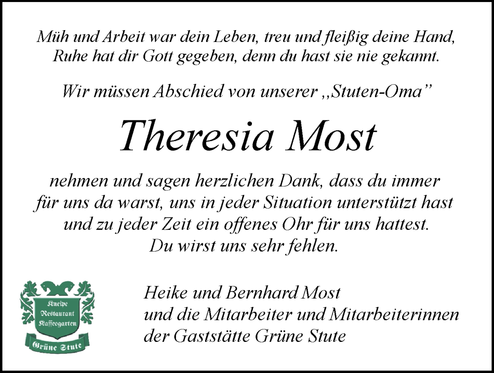  Traueranzeige für Theresia Most vom 26.08.2023 aus LZ