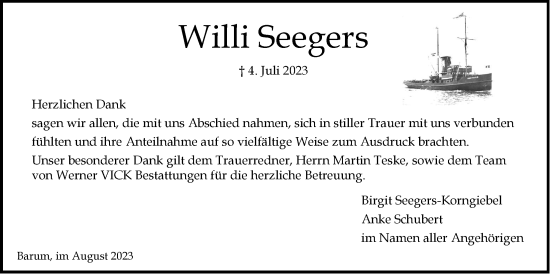 Anzeige von Willi Seegers von LZ