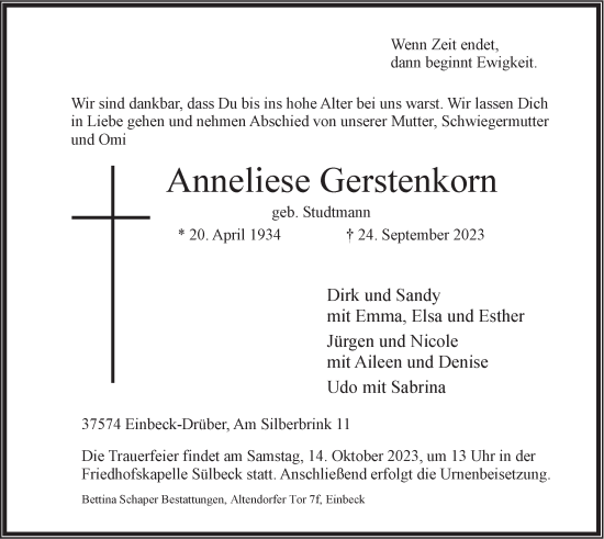 Anzeige von Anneliese Gerstenkorn von LZ
