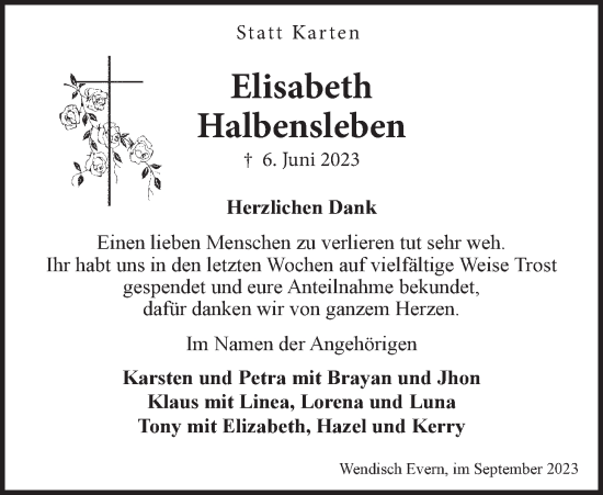 Anzeige von Elisabeth Halbensleben von LZ