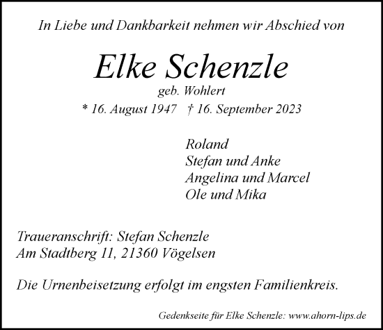 Anzeige von Elke Schenzle von LZ