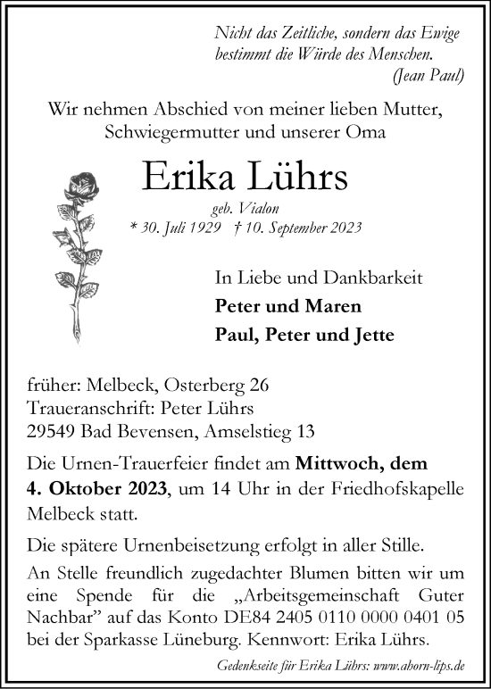 Anzeige von Erika Lührs von LZ