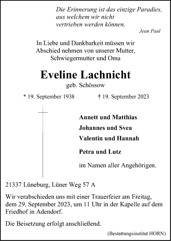 Anzeige von Eveline Lachnicht von LZ