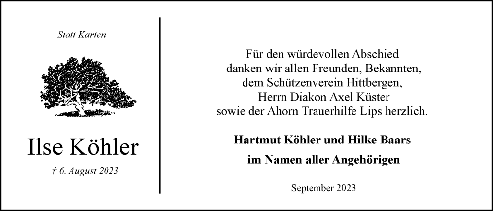 Traueranzeigen von Ilse Köhler TrauerLüneburg.de