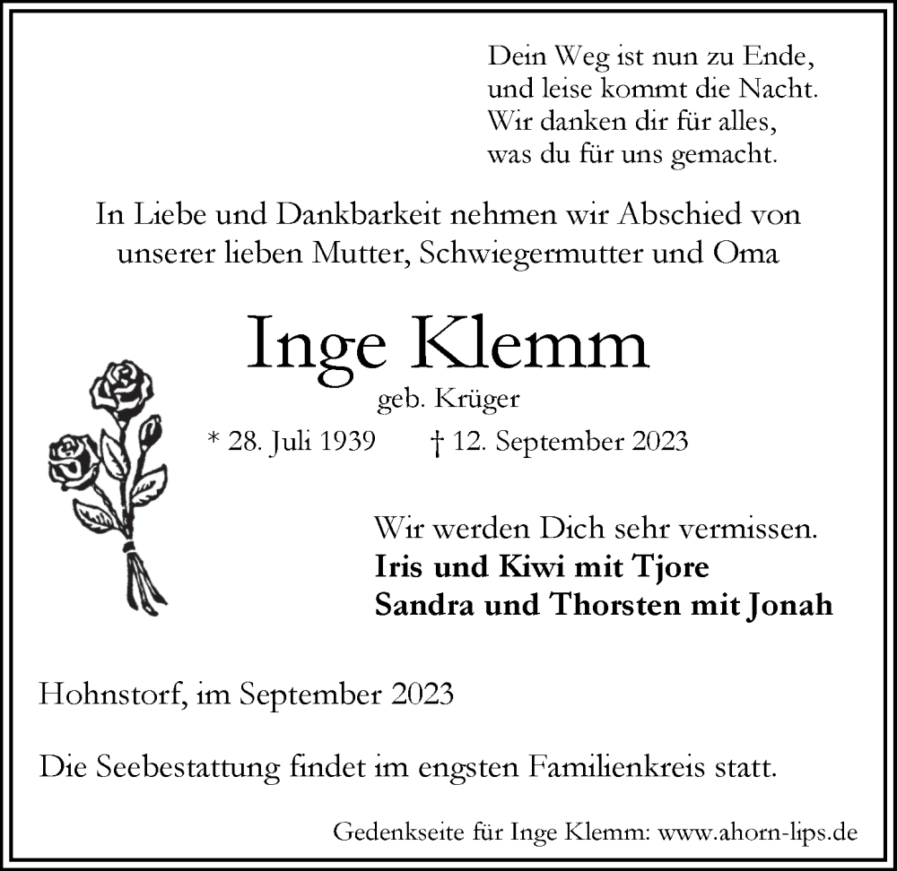  Traueranzeige für Inge Klemm vom 16.09.2023 aus LZ