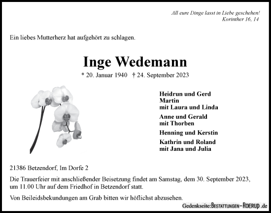Anzeige von Inge Wedemann von LZ