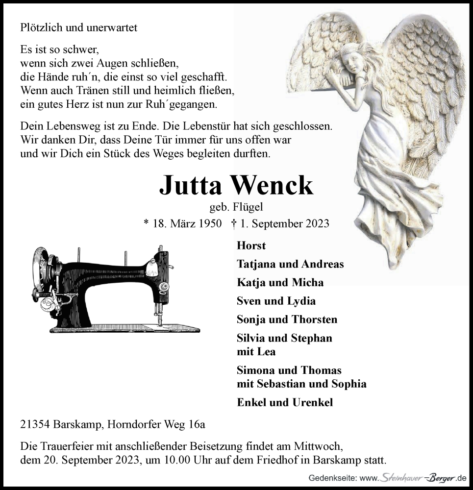  Traueranzeige für Jutta Wenck vom 09.09.2023 aus LZ