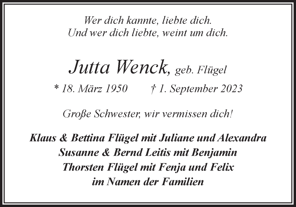  Traueranzeige für Jutta Wenck vom 09.09.2023 aus LZ