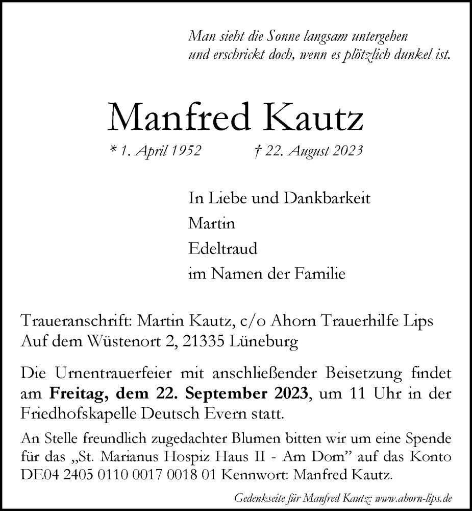  Traueranzeige für Manfred Kautz vom 02.09.2023 aus LZ