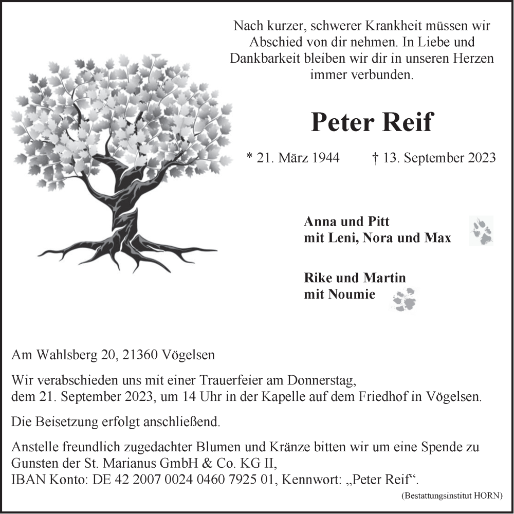 Traueranzeige für Peter Reif vom 16.09.2023 aus LZ