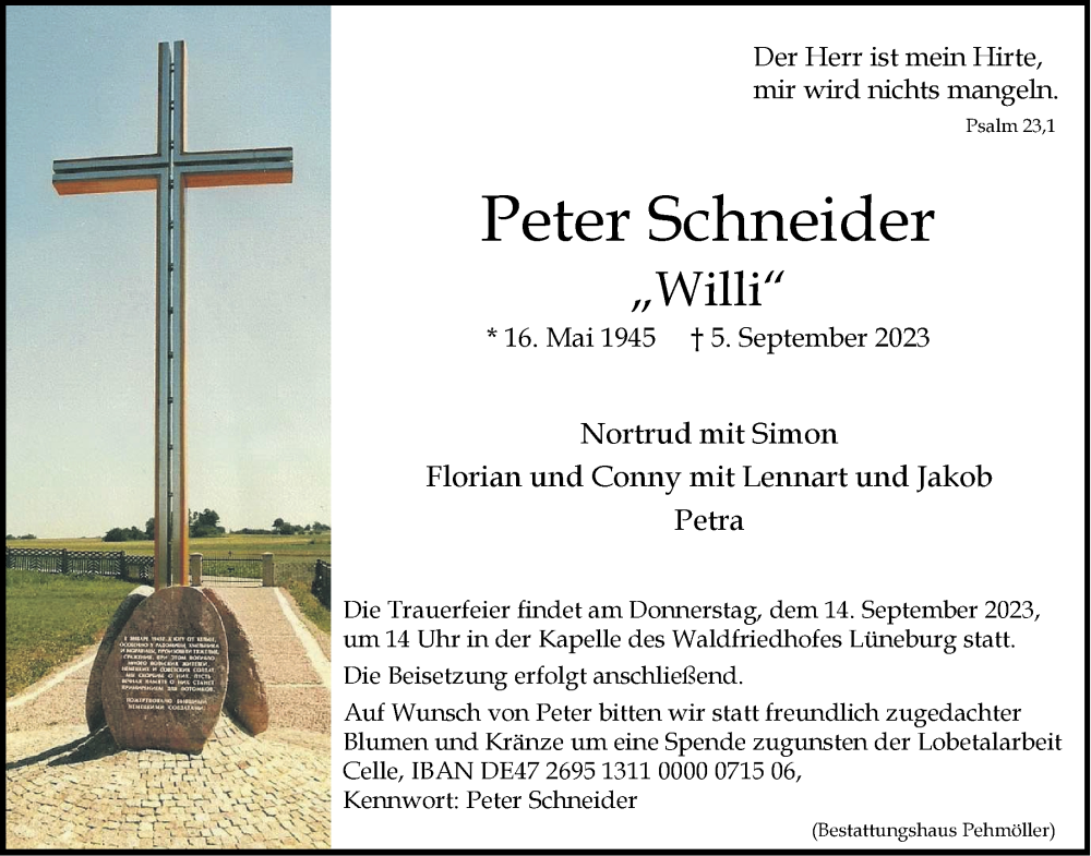 Traueranzeige für Peter Schneider vom 09.09.2023 aus LZ