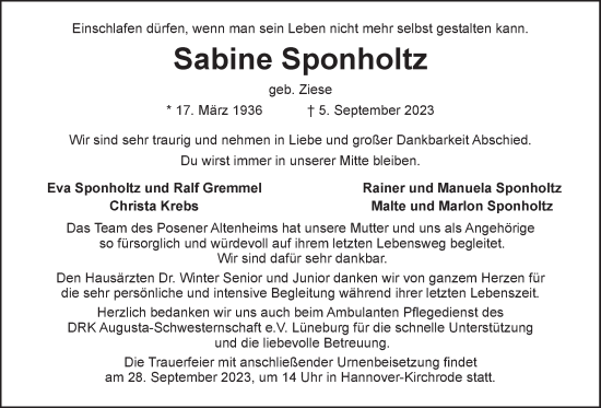 Anzeige von Sabine Sponholtz von LZ
