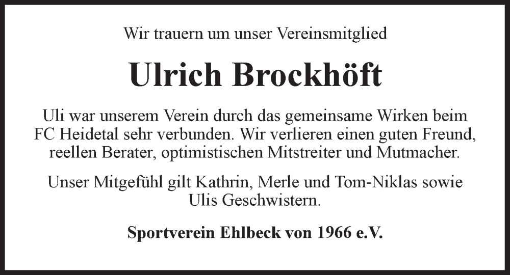  Traueranzeige für Ulrich Brockhöft vom 16.09.2023 aus LZ